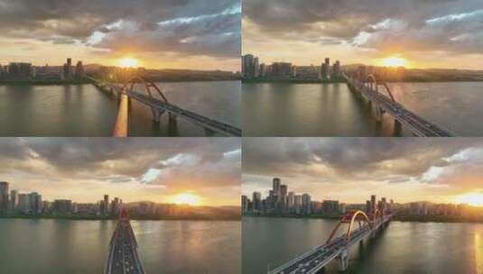 4K航拍长沙福元路大桥落日夕阳高清在线视频素材下载