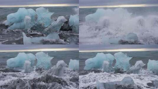 黑沙滩上的冰块 碎冰高清在线视频素材下载