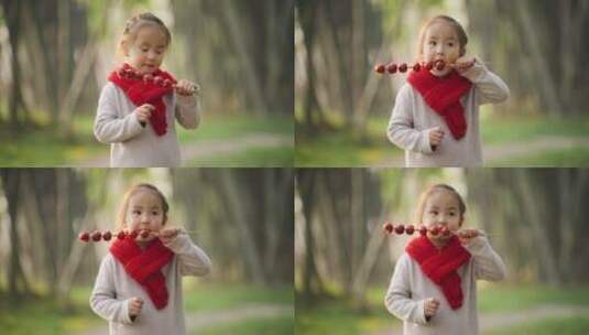 小女孩毛衣红围脖公园里吃糖葫芦新年快乐高清在线视频素材下载