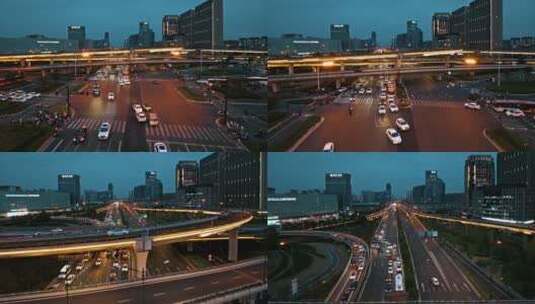 航拍南京江北新区道路交通车流繁华夜景高清在线视频素材下载