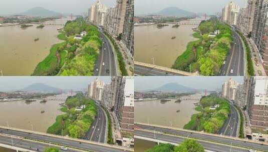 航拍福建漳州九龙江两岸生态风光高清在线视频素材下载