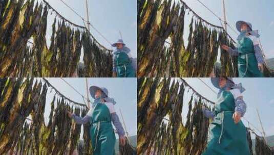 渔家女晒海带高清在线视频素材下载