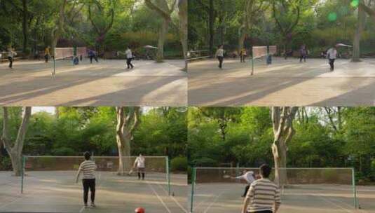 鲁迅公园  市民 公园 羽毛球 锻炼 老年活动高清在线视频素材下载