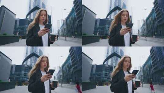 成功的年轻女性在城市现代区散步，白天是自信女士的肖像高清在线视频素材下载