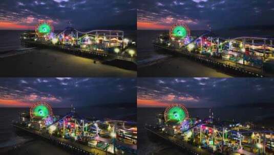 4K-海边夜景游乐场、摩天轮高清在线视频素材下载
