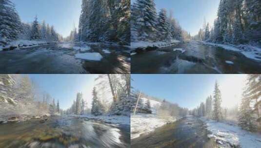 穿越冬天森林里的河流高清在线视频素材下载