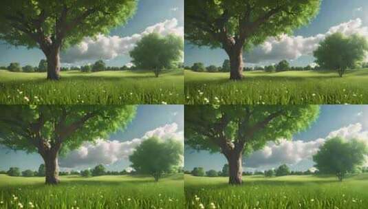 蓝天白云和草原上绿树高清在线视频素材下载