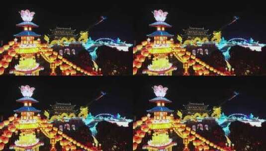 浙江绍兴新昌大佛寺春节灯会航拍高清在线视频素材下载