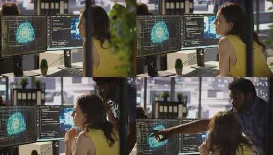 员工使用人工智能技术设计机器学习算法高清在线视频素材下载