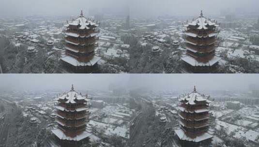 武汉武昌区黄鹤楼雪景航拍高清在线视频素材下载