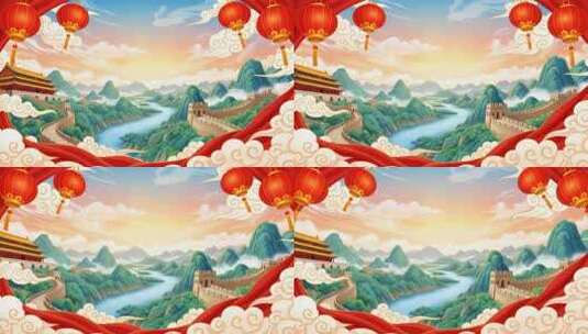 中式国潮国风国庆节山水建筑喜庆背景高清在线视频素材下载
