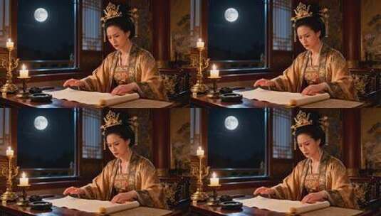 古装女子月夜伏案阅读书卷高清在线视频素材下载