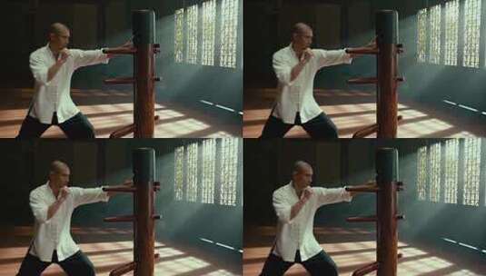 男子练习咏春拳木人桩高清在线视频素材下载