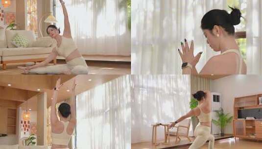 女子美好生活 清晨起床练瑜伽高清在线视频素材下载
