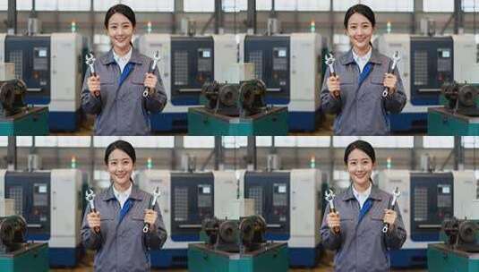 工厂女工人手持扳手微笑高清在线视频素材下载