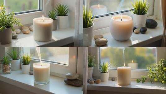 窗台上燃烧的玻璃罐装蜡烛高清在线视频素材下载