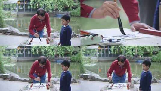 老人教小孩户外写毛笔字高清在线视频素材下载