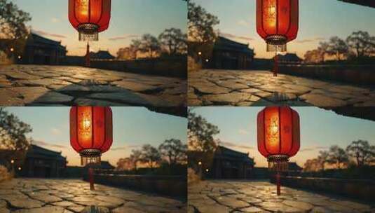 夕阳下悬挂的中式红灯笼高清在线视频素材下载