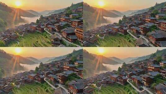 贵州苗寨日出全景风光高清在线视频素材下载