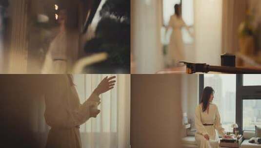 女子窗前手持杯盏动作特写高清在线视频素材下载