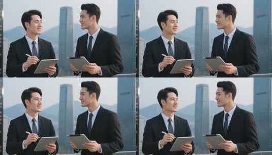 商务人士户外交流使用平板电脑高清在线视频素材下载