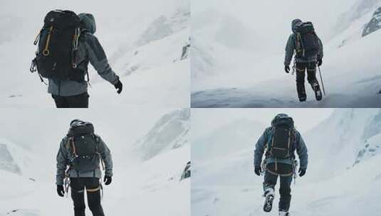 雪山中背着背包的登山者高清在线视频素材下载