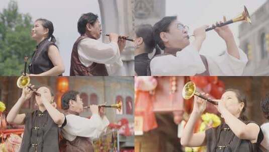 街头表演传统唢呐演奏场景高清在线视频素材下载