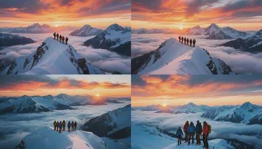 登山者在雪山之巅赏壮丽风光高清在线视频素材下载