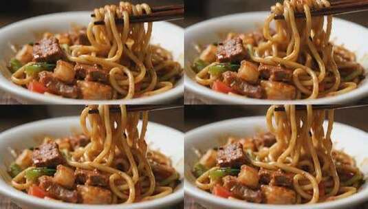 红烧肉焖面温暖治愈美食画面高清在线视频素材下载