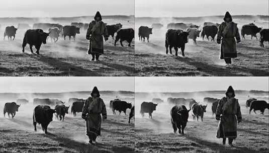 立冬牧民雪原行走震撼史诗感画面高清在线视频素材下载