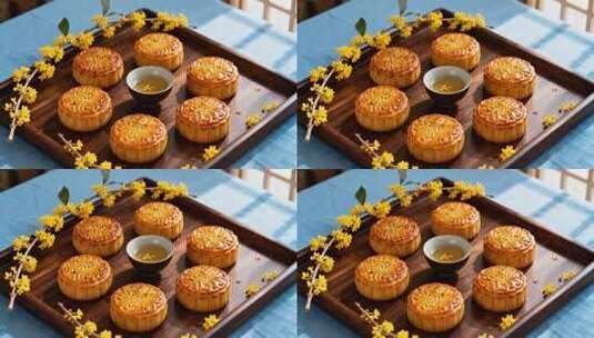 中式托盘上的广式月饼与茶具高清在线视频素材下载