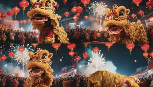 舞狮表演现场人群灯笼环绕高清在线视频素材下载