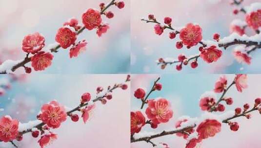 枝头覆雪红梅特写高清在线视频素材下载