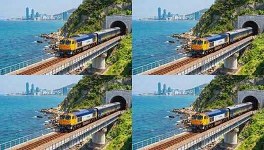 海边铁路火车驶出隧道画面高清在线视频素材下载