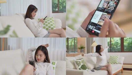 女子休闲居家玩手机高清在线视频素材下载