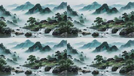 中式山水风景含古建溪流高清在线视频素材下载