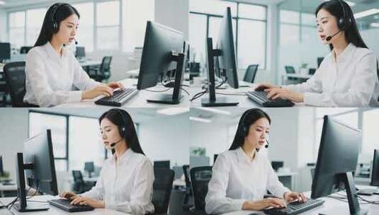 女性办公室戴耳机使用电脑高清在线视频素材下载