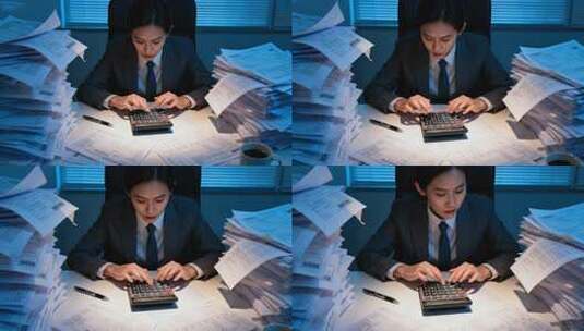 女白领深夜加班核对账单压力大场景高清在线视频素材下载