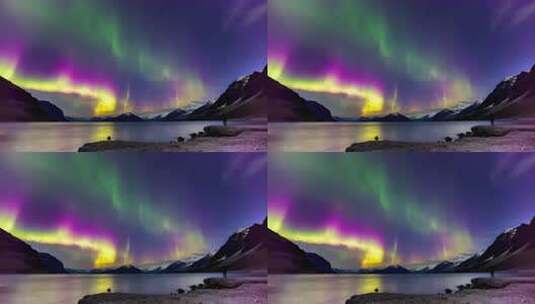 湖边观赏极光的人高清在线视频素材下载