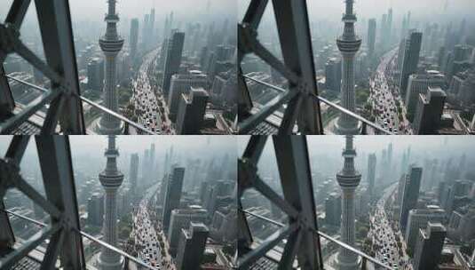 俯瞰城市地标建筑与街道车流高清在线视频素材下载