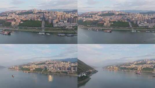 长江边的重庆巫山县县城早晨航拍合集高清在线视频素材下载