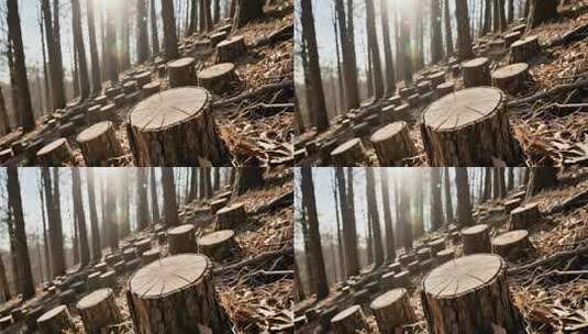 森林砍伐后的树桩与阳光景象高清在线视频素材下载