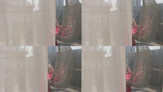室内透过窗帘看藤编吊椅高清在线视频素材下载