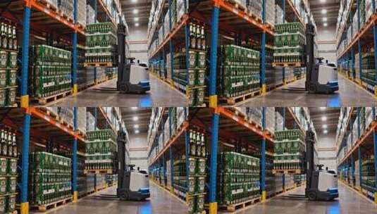 仓库内叉车搬运货物场景高清在线视频素材下载