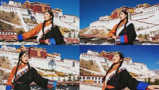 布达拉宫前身着民族服饰的女子高清在线视频素材下载