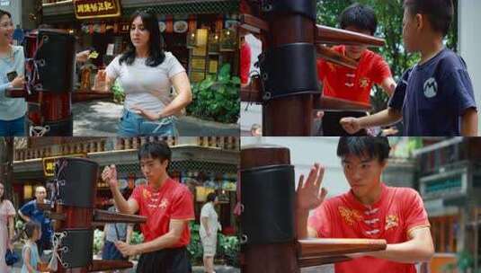 中国功夫咏春叶问武术打木桩外国人学咏春高清在线视频素材下载