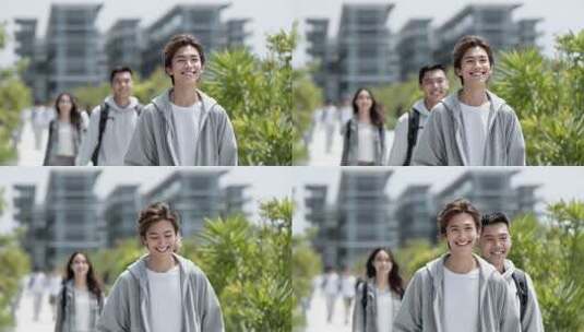 充满活力的年轻人在现代建筑群中漫步高清在线视频素材下载