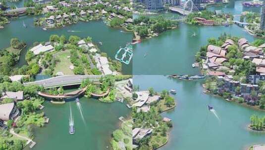 成都麓湖清澈湖水上的游船航拍合集高清在线视频素材下载