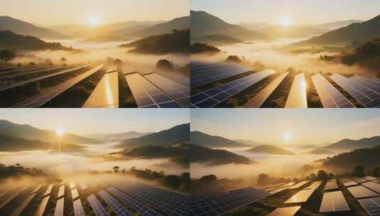 山间晨曦中的太阳能光伏板高清在线视频素材下载