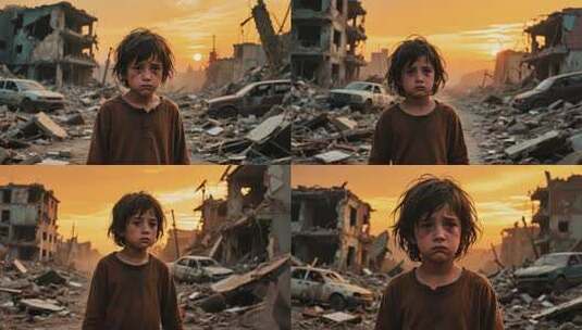 废墟前的孩童特写素材高清在线视频素材下载